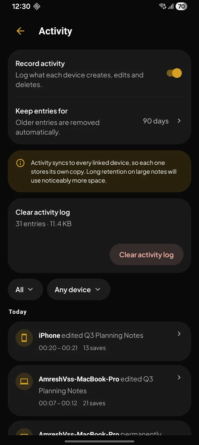 Activity Log — Android