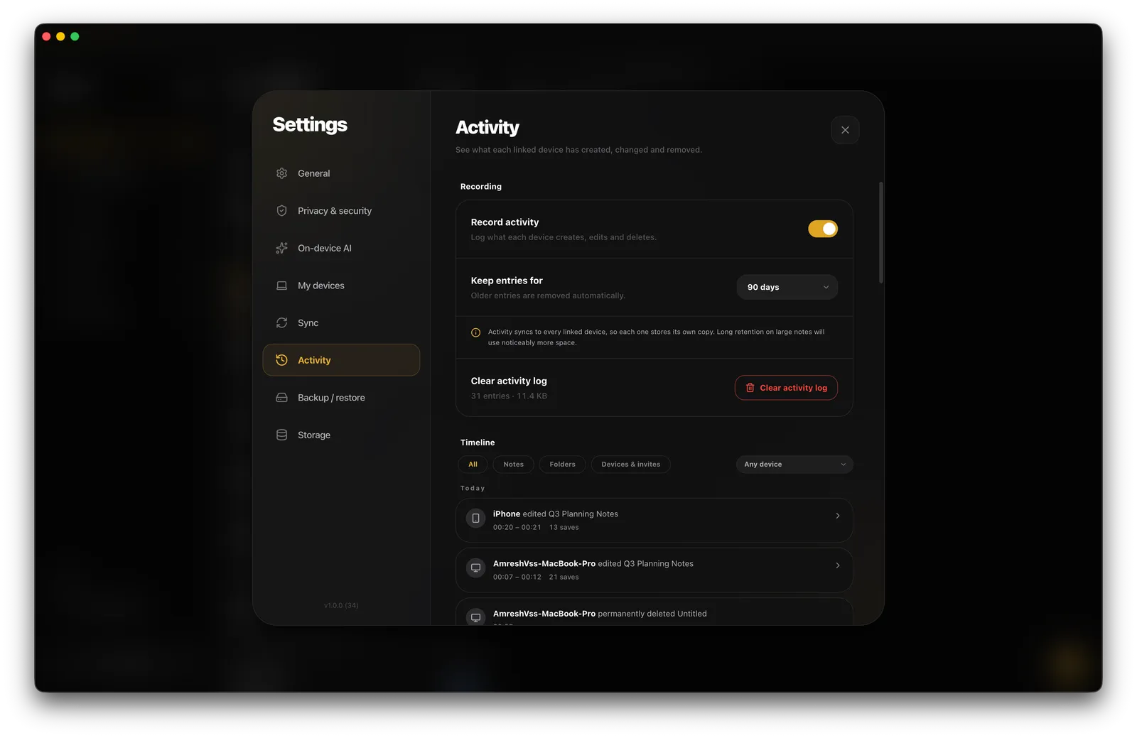 Activity Log — Desktop