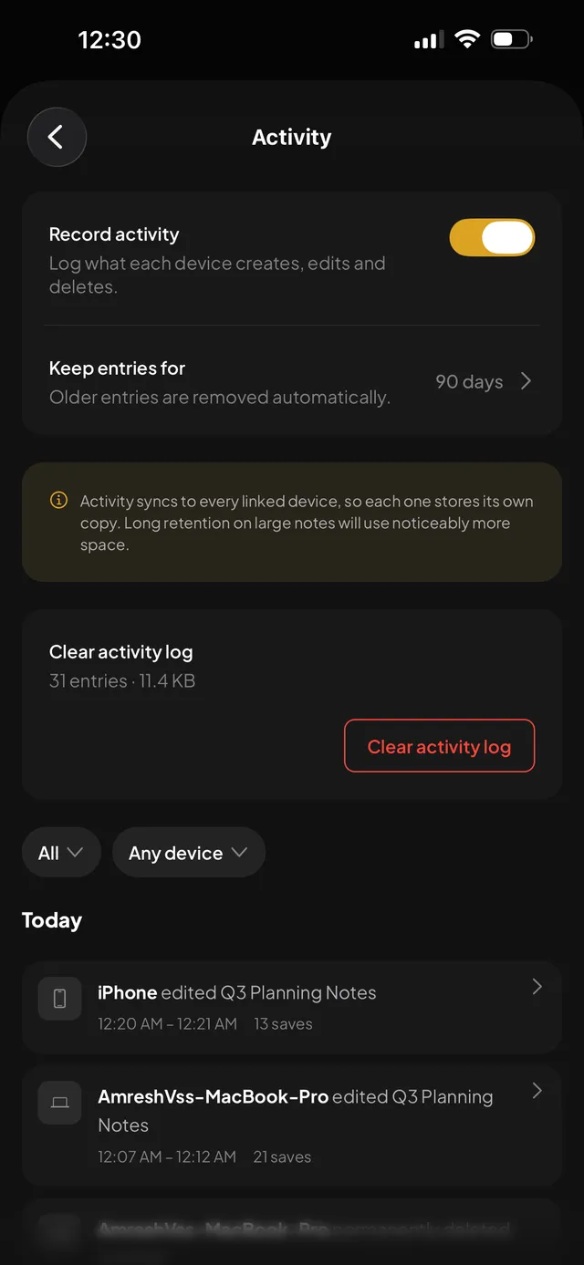 Activity Log — iOS