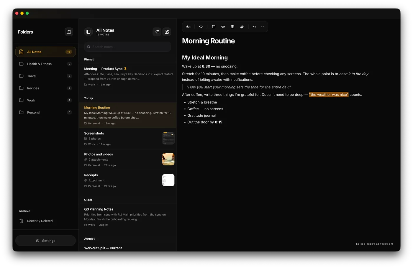 Pear Notes desktop three-panel layout